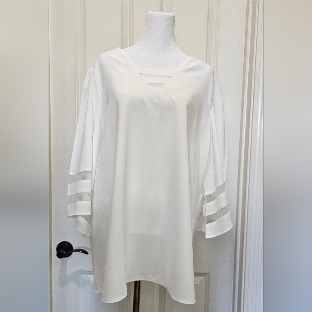 Chic White Sheer Sleeve Blouse with Strappy V-Neck